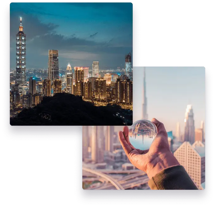 City skylines of international countries representing global business expansion