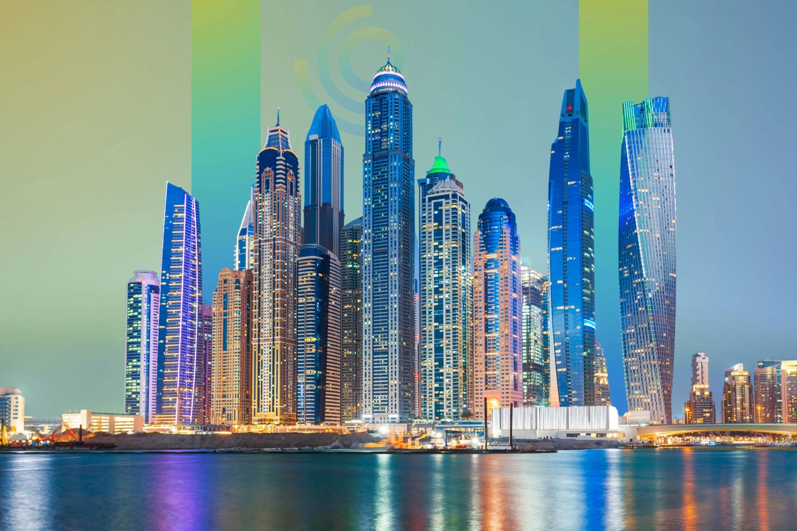 UAE business hub 2025 Dubai Marina waterfront with high-rise towers |