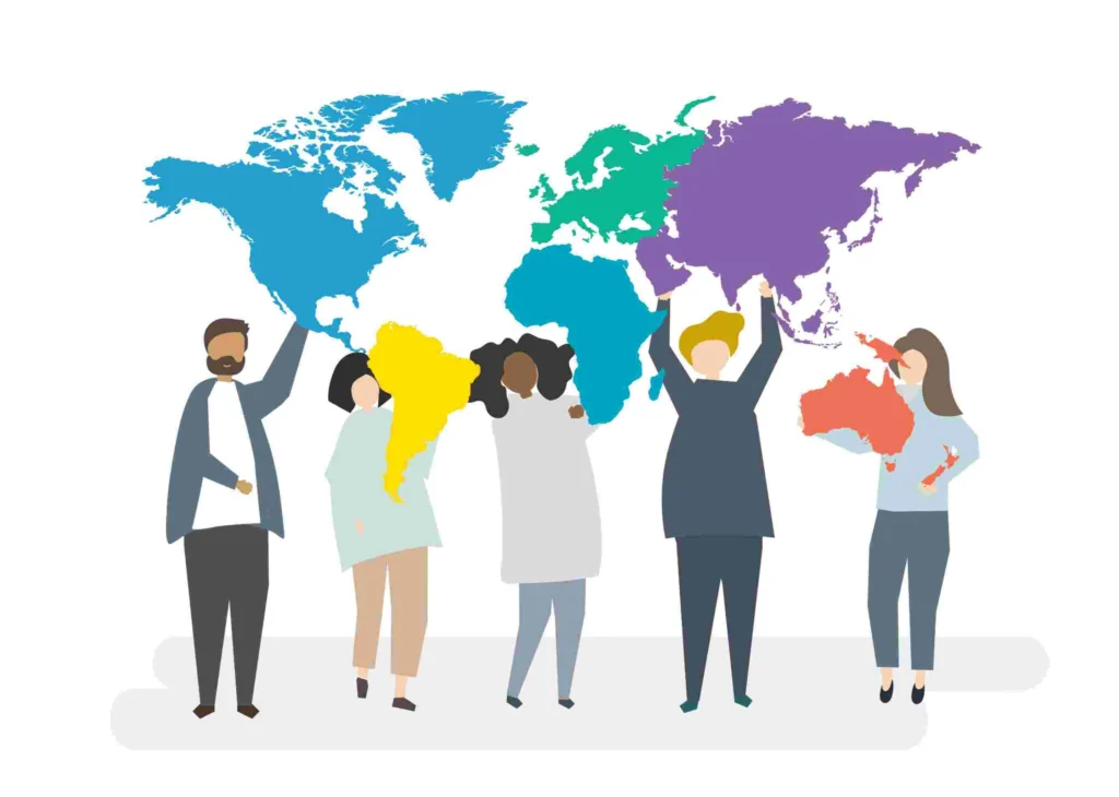 Team assembling multicolored puzzle pieces over business documents shows cultural integration