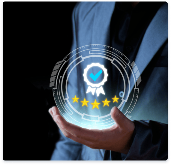 Hand holding digital badge with checkmark and five stars symbolizing Cerity Global's quality and trust