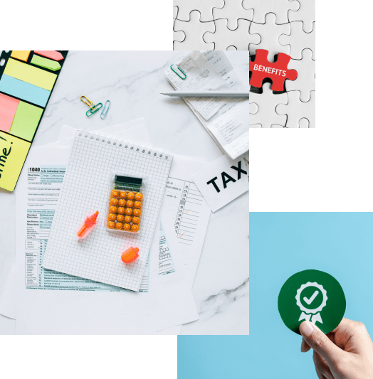 Documents, receipts, and a calculator arranged on a desk representing Cerity Global's tax and compliance services